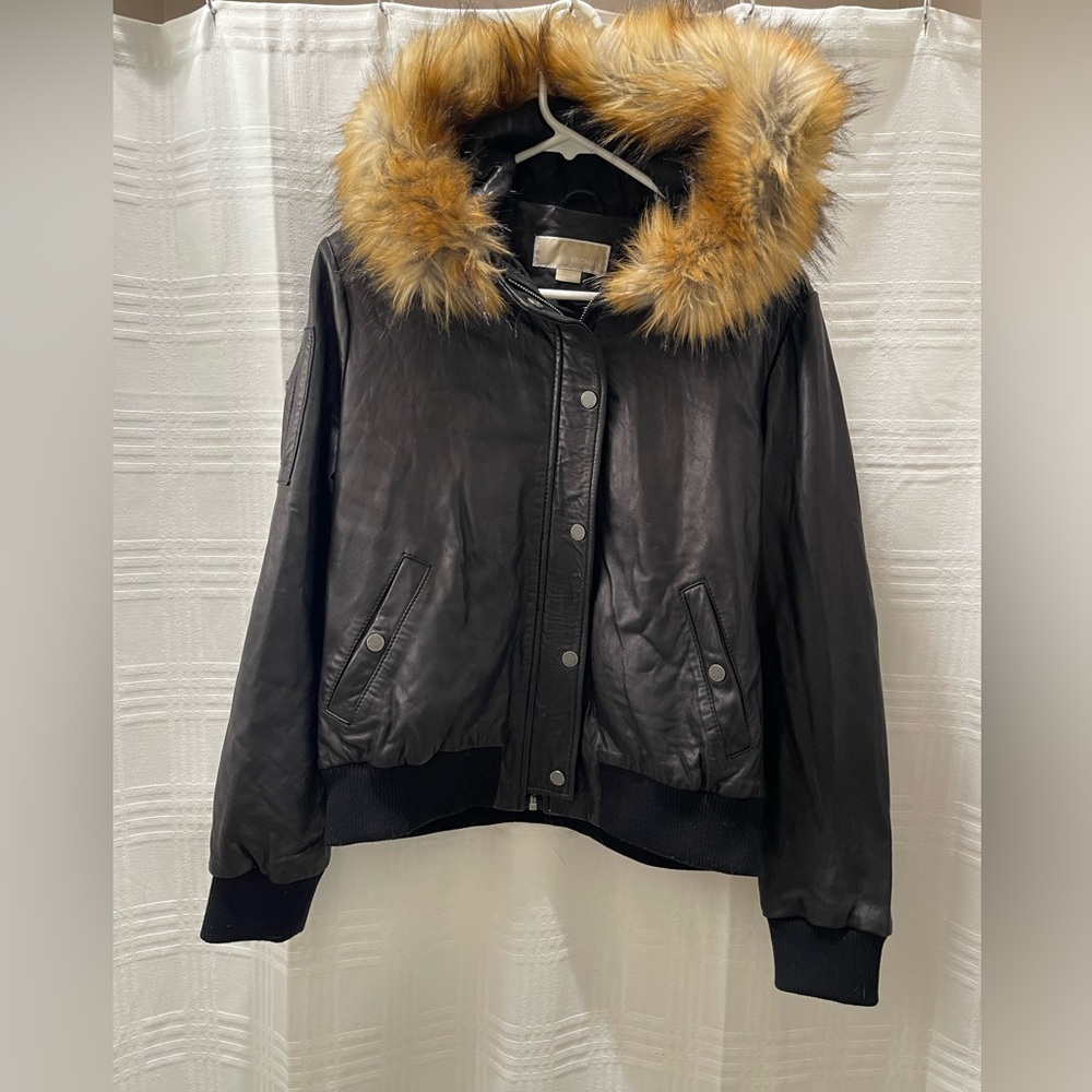 Michael Kors black leather bomber jacket faux fur hood